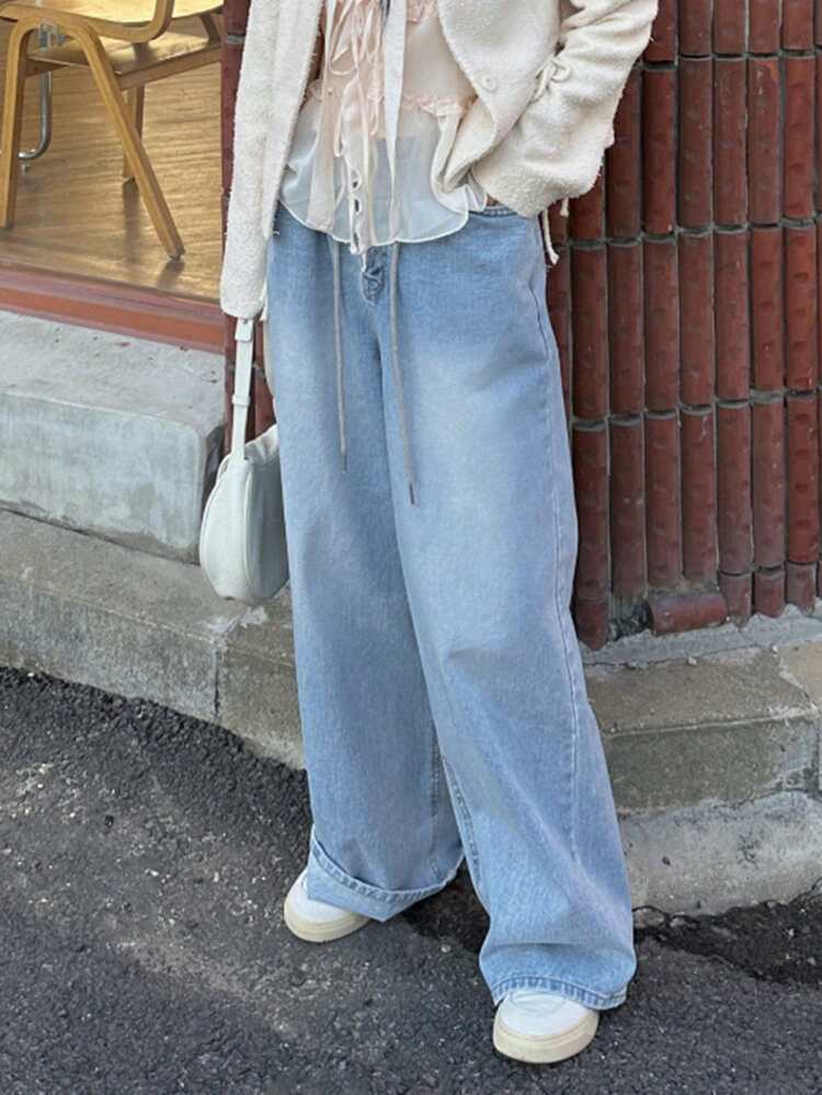 Women Loose Fit Wide Leg Jeans For Daily Casual Wear With Pockets
