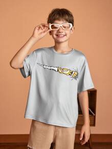GARFIELD X SHEIN Ragazzo Tween Grigio Maglietta a manica corta con stampa di cartoni animati casual ampia e con collo rotondo, estate