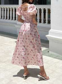 KARISMINA Holiday Women's Floral Print Puff Short Sleeve Dress,For Summer Vacation, Women Summer Clothing
