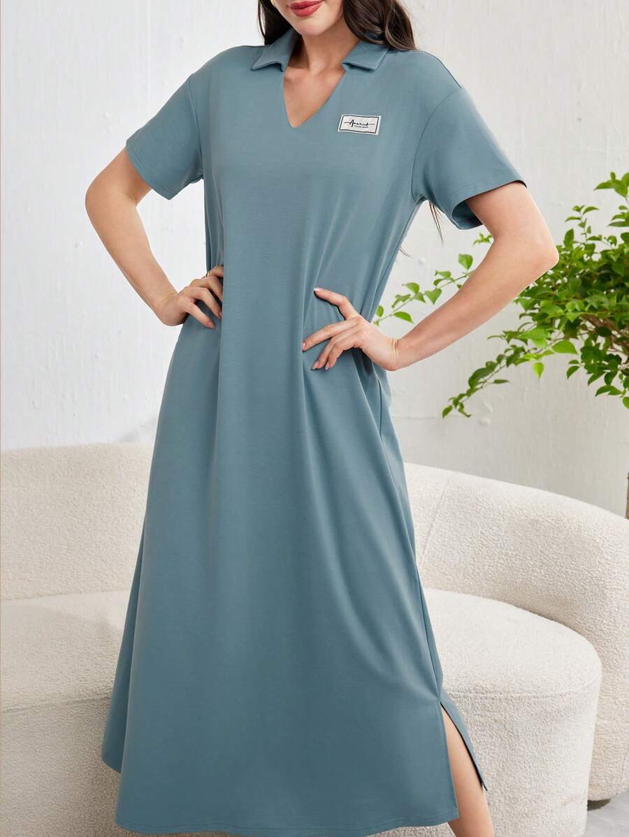 Mulvari 女士春夏款休閒背面印花連衣裙，側開衩和拉鍊細節設計 - 藍色 - 查看 1