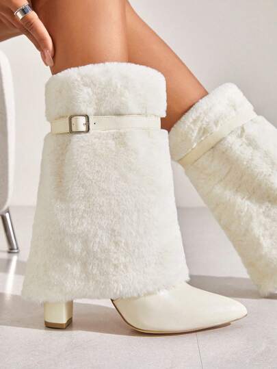 CUCCOO SZL Women Shoes Warm Buckle Decor Fuzzy Classic Fashion White Fur Boots For And Spring Shoes Spring Break Easter