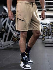 GymBeat Men Plus Size Fashionable Zipper Pocket Wide Leg Shorts - Khaki - View 1