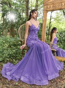 Faeriesty Luxe Floral Applique Backless Mermaid Hem Cami Dress