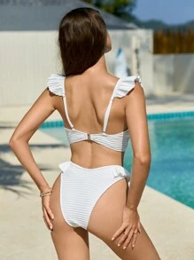 Swim Mod Women's Solid Color Spliced Bikini Set With Ruffle Trim For Sexy Beach Vacation Summer