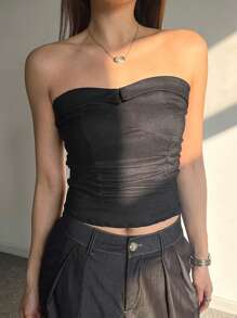 DAZY Dames zomer effen kleur rekbare ruches slim fit cropped tube top