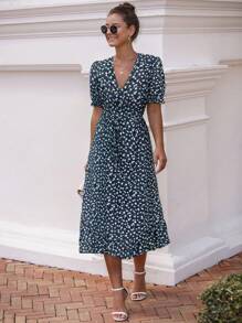 SHEIN LUNE 女士夏日假期風格花卉印花腰帶短袖優雅長裙 - 藍色 - 查看 3