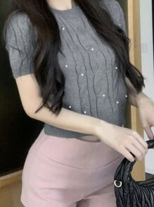 夏季新款宽松休闲百搭纯色短袖针织女式上衣 - 灰色 - 查看 4