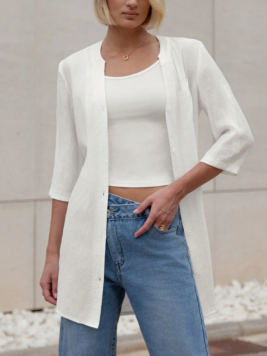 SHEIN Essnce Women Summer Long Beach Holiday Loose And Breathable Seven-Sleeve Pocket Shirt Jacket With Sun Protection - White - View 1