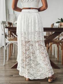 Breezaya Women Holiday Solid Color Lace High-Low Skort With Elegant Appearance