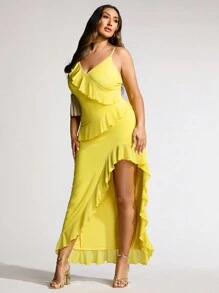 SHEIN BAE Solid Color High Slit Halter Neck Dress With Ruffle Hem - Yellow - View 3