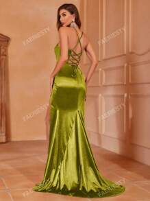 Faeriesty Ruched Bust Backless Lace Up Split Thigh Satin Cami Dressd