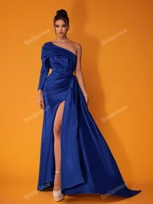 Smilprince Elegancka niebieska jednoramienna sukienka z wysokim rozcięciem i falbaniastymi detalami, elegancka sukienka na imprezę, sukienki balowe dla kobiet, formalna suknia wieczorowa