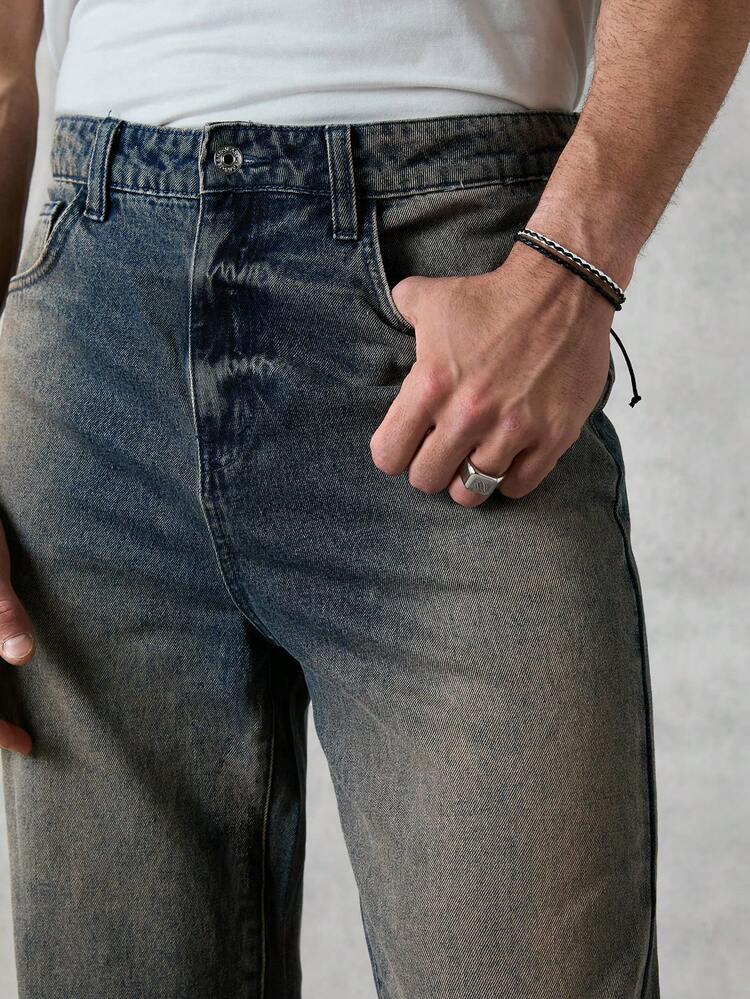 Men Retro Black Washed Loose Straight Leg Jeans With Distressed Details