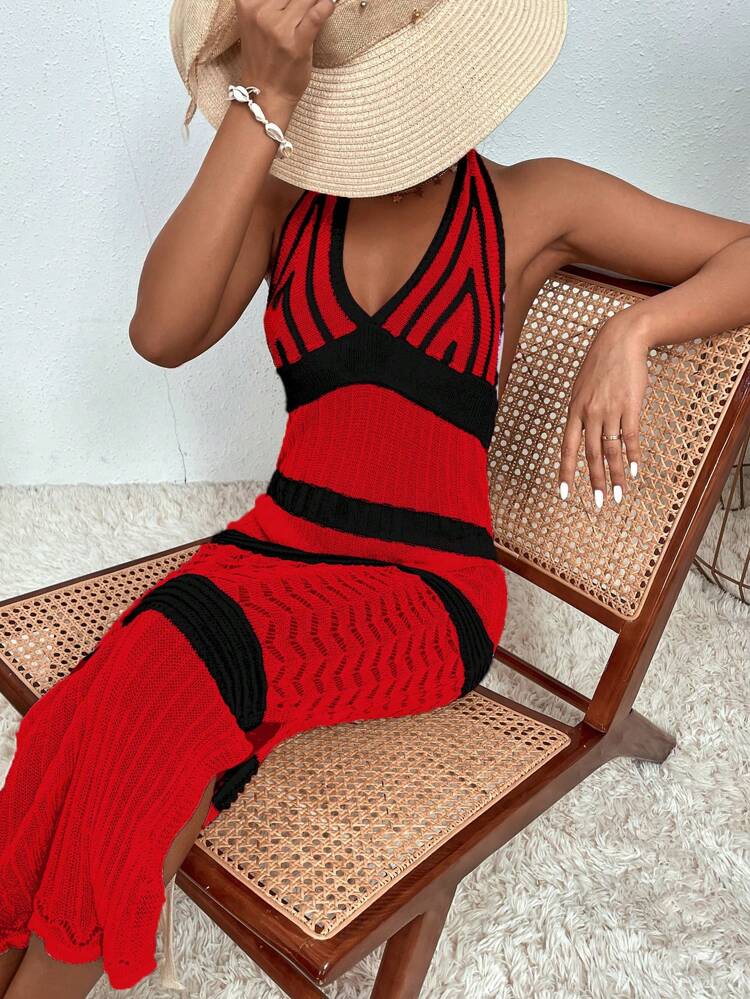 Color Block Halter Backless Knitted Dress Cover Up Summer