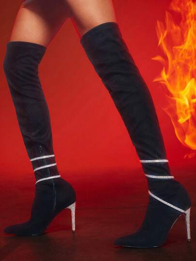 女性水鑽裝飾細跟經典靴,魅力四射戶外仿麂皮靴子