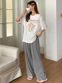 DAZY 女士可爱卡通印花圆领短袖T恤和阔腿裤宽松家居服套装睡衣