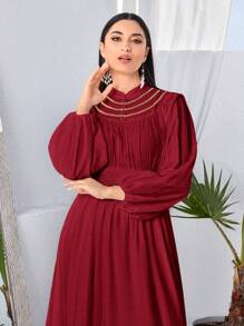 Modelyn Burgundy Red Women's Elegant Lantern Sleeve Cinched Waist Dress With Woven Belt - Burgundy - View 5