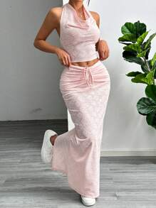 Flirla Women Summer Halter Neck Sleeveless Top With Drawstring Waist Long Skirt 2pcs Casual Set