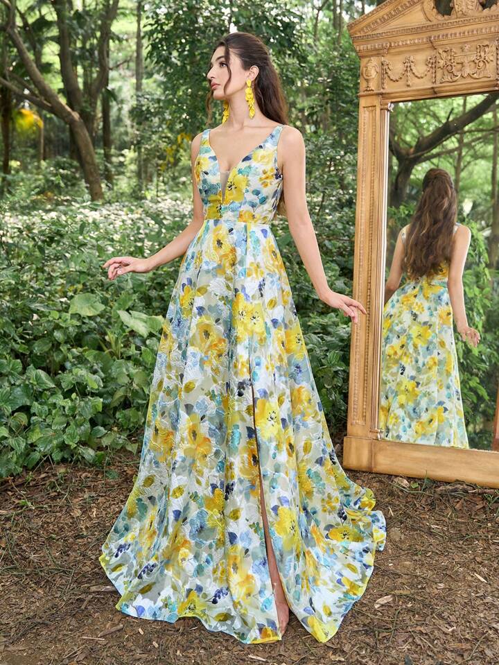 Deep V Neck Floral Jacquard Prom Dress Woman Formal Ball Gown SHEIN UK
