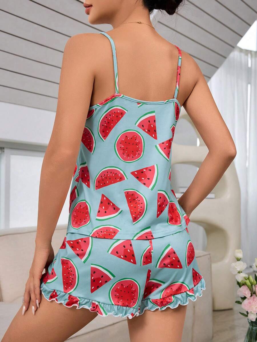 PJS5 Ladies' Watermelon Printed Casual Tank Top And Shorts Pajama Set