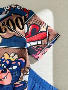 SHEIN 男嬰和女嬰休閒針織可愛卡通圖案短袖T恤和彈性腰短褲套裝，夏季適用 - 彩色 - 查看 5