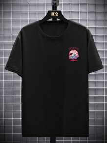 Camiseta de manga corta de cuello redondo casual de verano para hombre con estampado de letra y ola