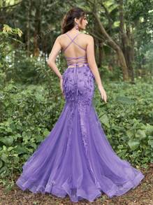 Faeriesty Luxe Floral Applique Backless Mermaid Hem Cami Dress