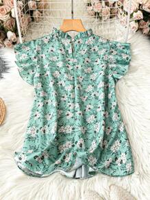 Celure Plus Size Women Summer Floral Printed Stand Collar Ruffle Cap Sleeve Loose Blouse