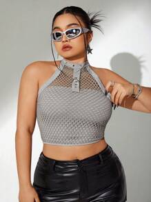 SHEIN ICON Plus Size Solid Hollow Out Halter Neck Street Style Summer Crop Tank Top