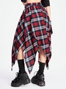 ROMWE Grunge Punk Women Red Plaid Asymmetrical Hem Layered Midi Skirt, Perfect For Punk Rock Style - Multicolor - View 5
