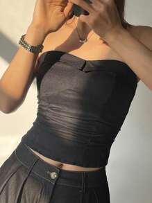 DAZY Dames zomer effen kleur rekbare ruches slim fit cropped tube top