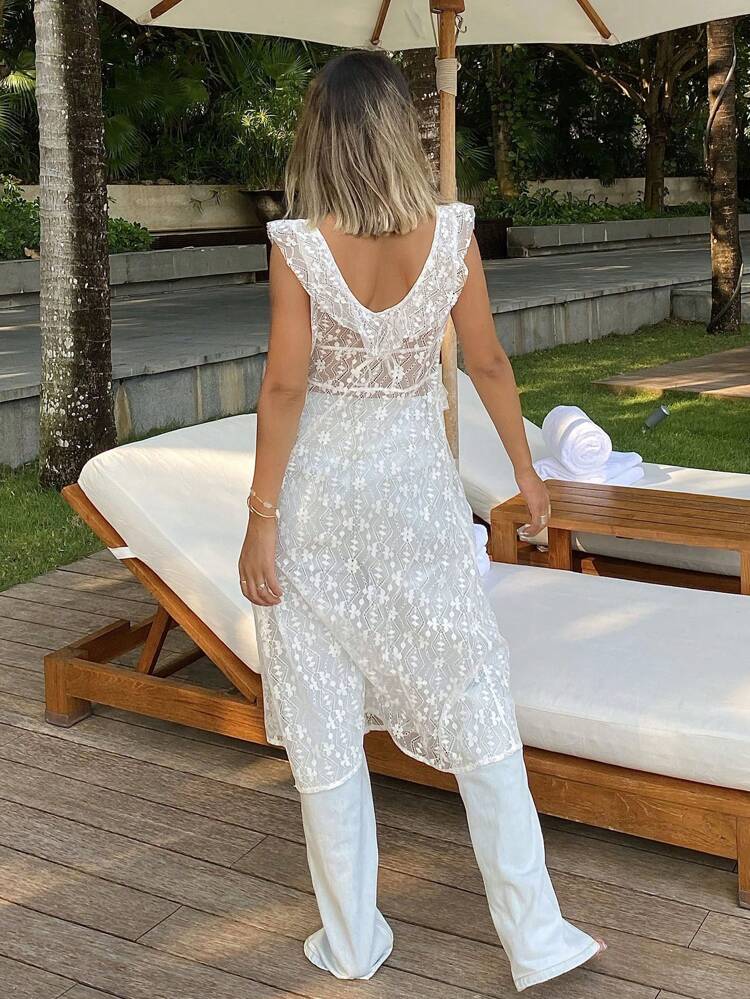 Women's Lace See-Through Long Ruffle Trim Tank Top