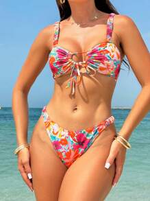 SHEIN Swim Women Bikini Set, Bikini Set With Floral Print Adjustable Shoulder Straps And Ruched Design With Wireless,Summer Beach - Multicolor - View 6