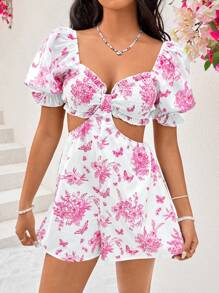 Soleia Women's Floral Print Puff Sleeve Backless Jumpsuit For Vacation - Pink - View 4