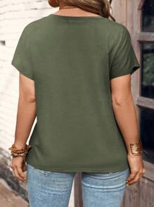 INAWLY 大码女式夏季纯色纽扣半襟圆领短袖休闲 T 恤 - 藍色 - 查看 2