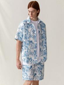 Manfinity VCAY Men's Summer Casual Angel & Flower Printed Short Sleeve Shirt And Shorts Set - Blue - View 5