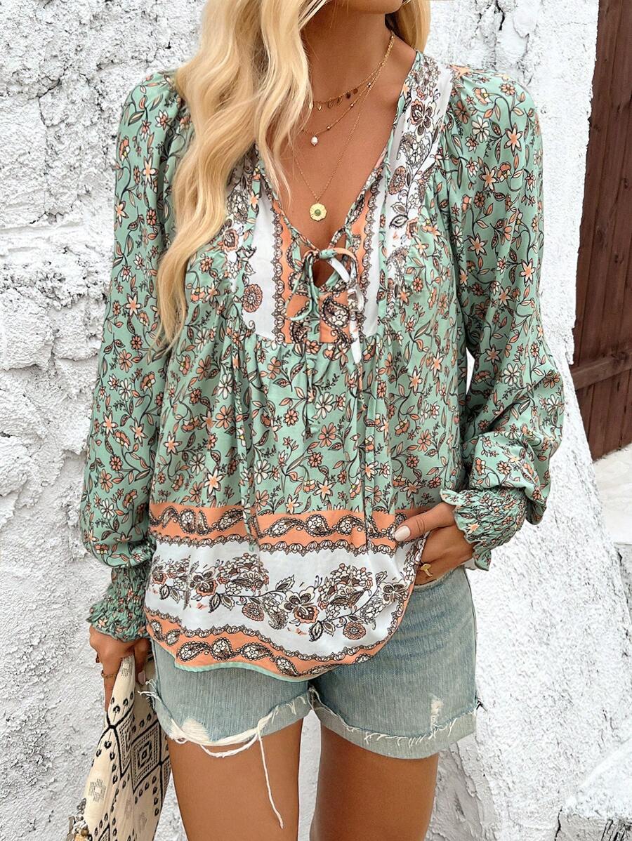 SHEIN VCAY 女士假日花卉印花系帶袖寬鬆襯衫 - 綠色 - 查看 1