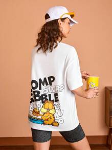 GARFIELD X SHEIN Women Casual Cartoon And Letter Printed Graphic Oversized Drop Shoulder White Summer T-Shirt With CHOMP SLURP GOBBLE NARFGULP Pattern, Unisex