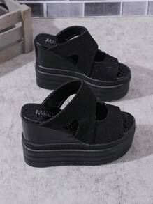 Women's Wedge Platform Sandals, 12cm Thick Soles Strap High Heel Waterproof Platform Summer Wedge Slippers, Black Open Toe Shoes