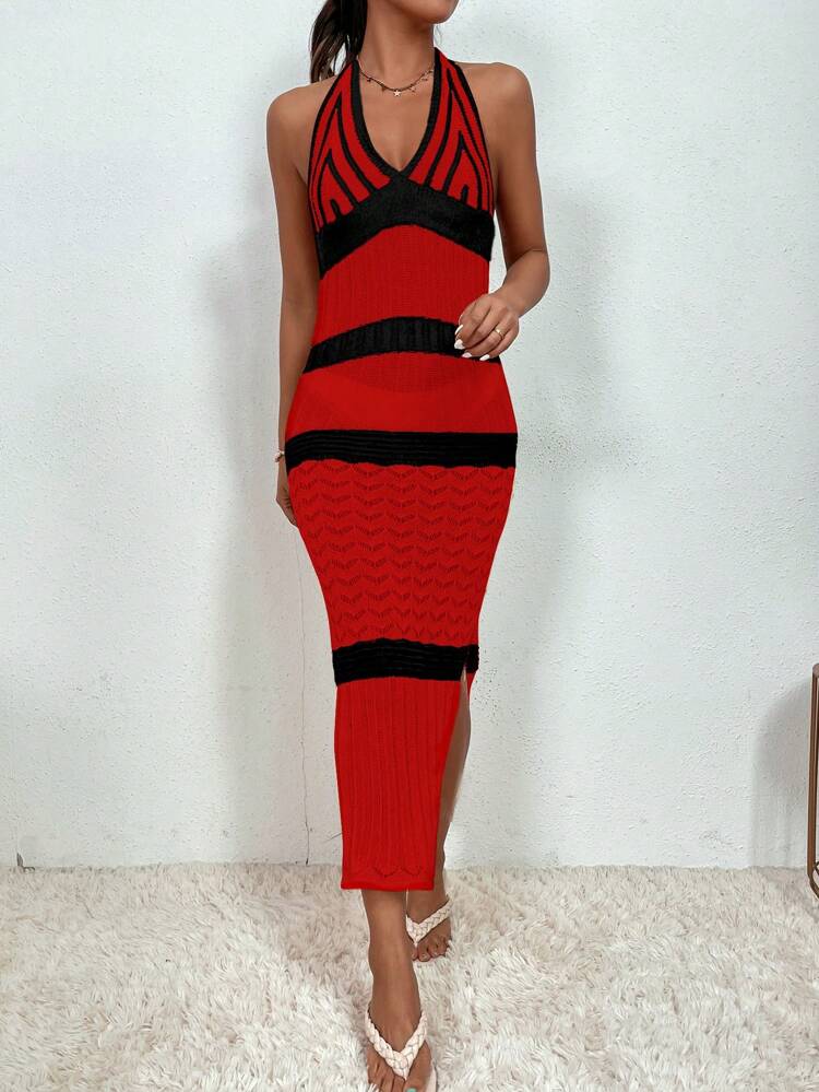 Color Block Halter Backless Knitted Dress Cover Up Summer