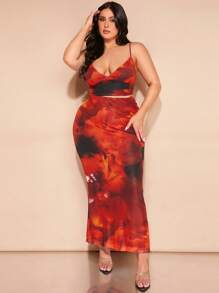 SHEIN BAE Conjunto de dos piezas con camisola estampada y falda larga para las vacaciones de verano de mujeres de talla grande