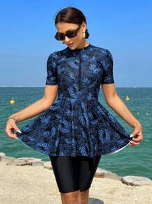 Swim Mulvari Women's Beach Style Printed Short Sleeve Burkini (Color/Pattern Random),Summer BeachArabic Clothing