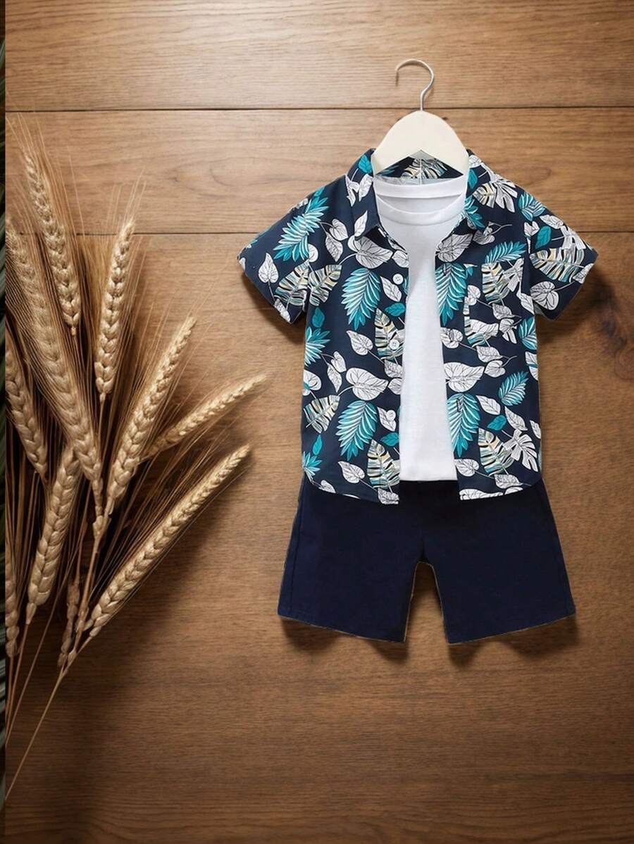 SHEIN 小男童熱帶圖案襯衫和短褲