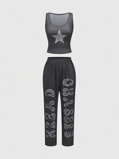 godin Dark Punk Rock Star Printed Tank Top And Letter Print Long Pants Pajama Set