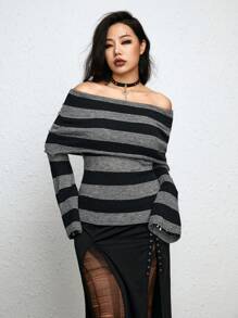 ROMWE Grunge Punk 條紋圖案折邊一字肩喇叭袖套頭毛衣 - 彩色 - 查看 5