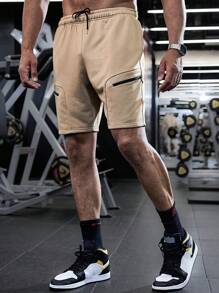GymBeat Men Plus Size Fashionable Zipper Pocket Wide Leg Shorts - Khaki - View 5
