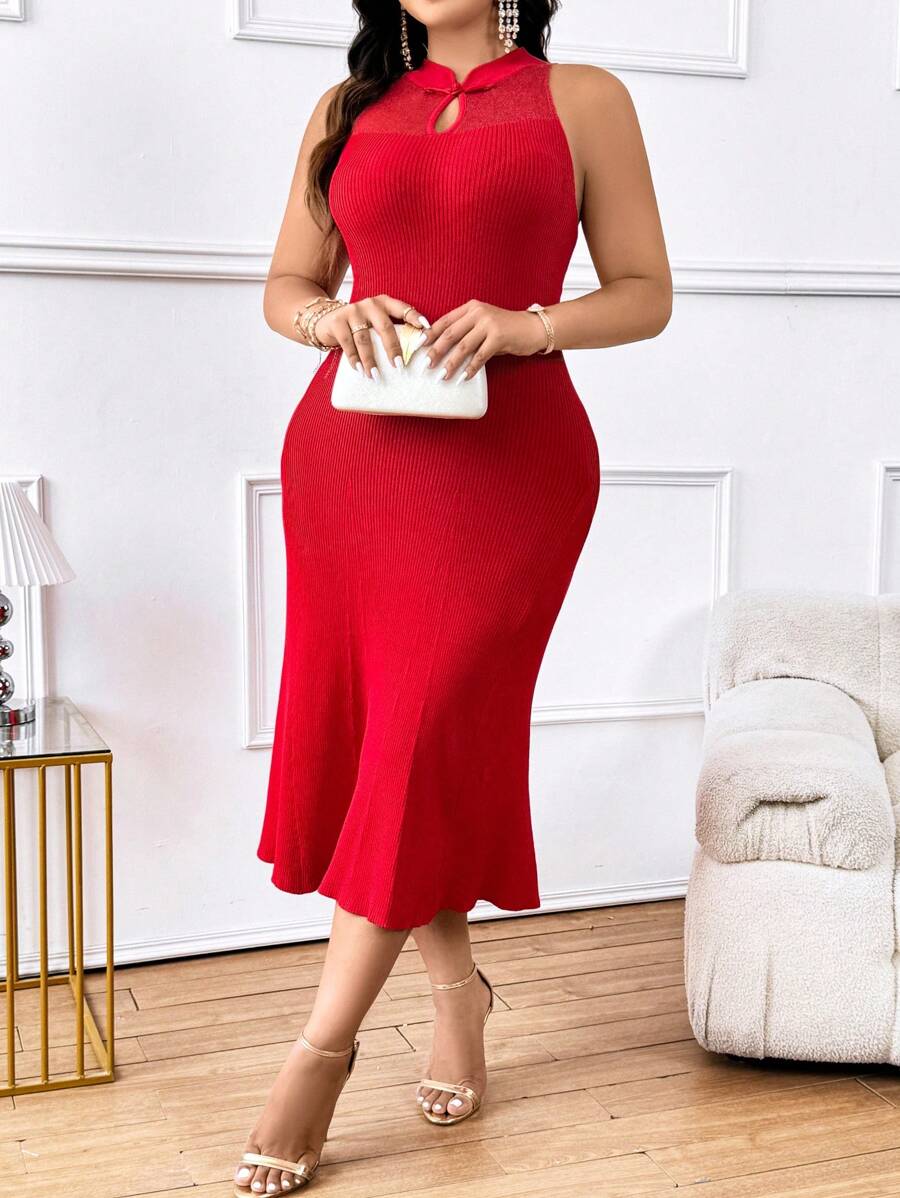 SHEIN Unity 大尺碼肋紋針織無袖夏季連衣裙，優雅風格，鎖孔領口和扣飾