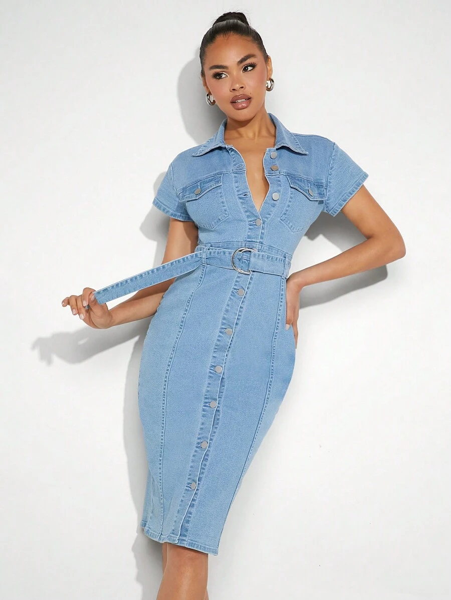 Denimoi Button Up Belted Bodycon Denim Dress - Light Wash - View 1
