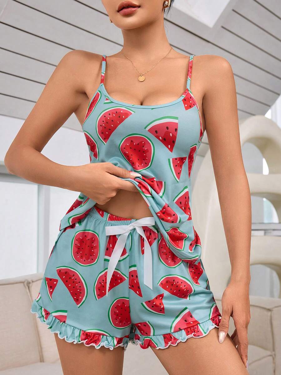 PJS5 Ladies' Watermelon Printed Casual Tank Top And Shorts Pajama Set