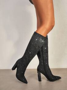 女性水鑽裝飾尖頭經典靴,細跟時尚靴子 - 黑色 - 查看 1